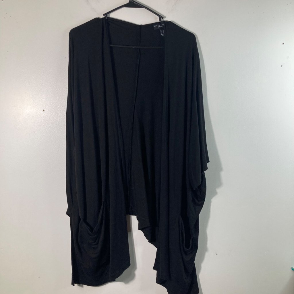 Womens Susan Graver Weekend Relaxed Cardigan Open Front Black L Pockets